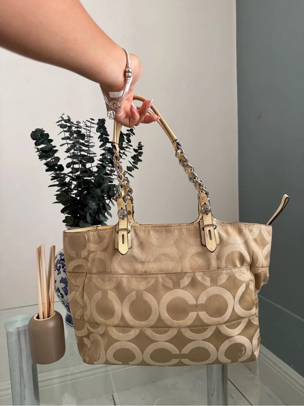 Coach Beige Signature Tote Bag with Gold Trim